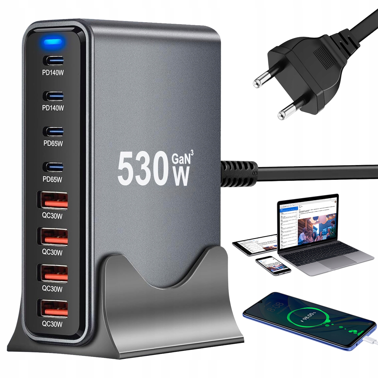 Víceportová Nabíječka 530 W S Technologií Gan III, 8 Portů