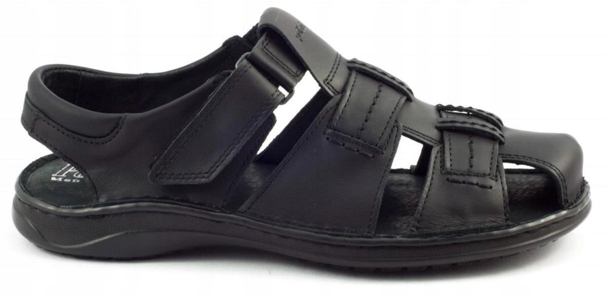 Pánské sandály z přírodní kůže na suchý zip Polské SA07 černé 44