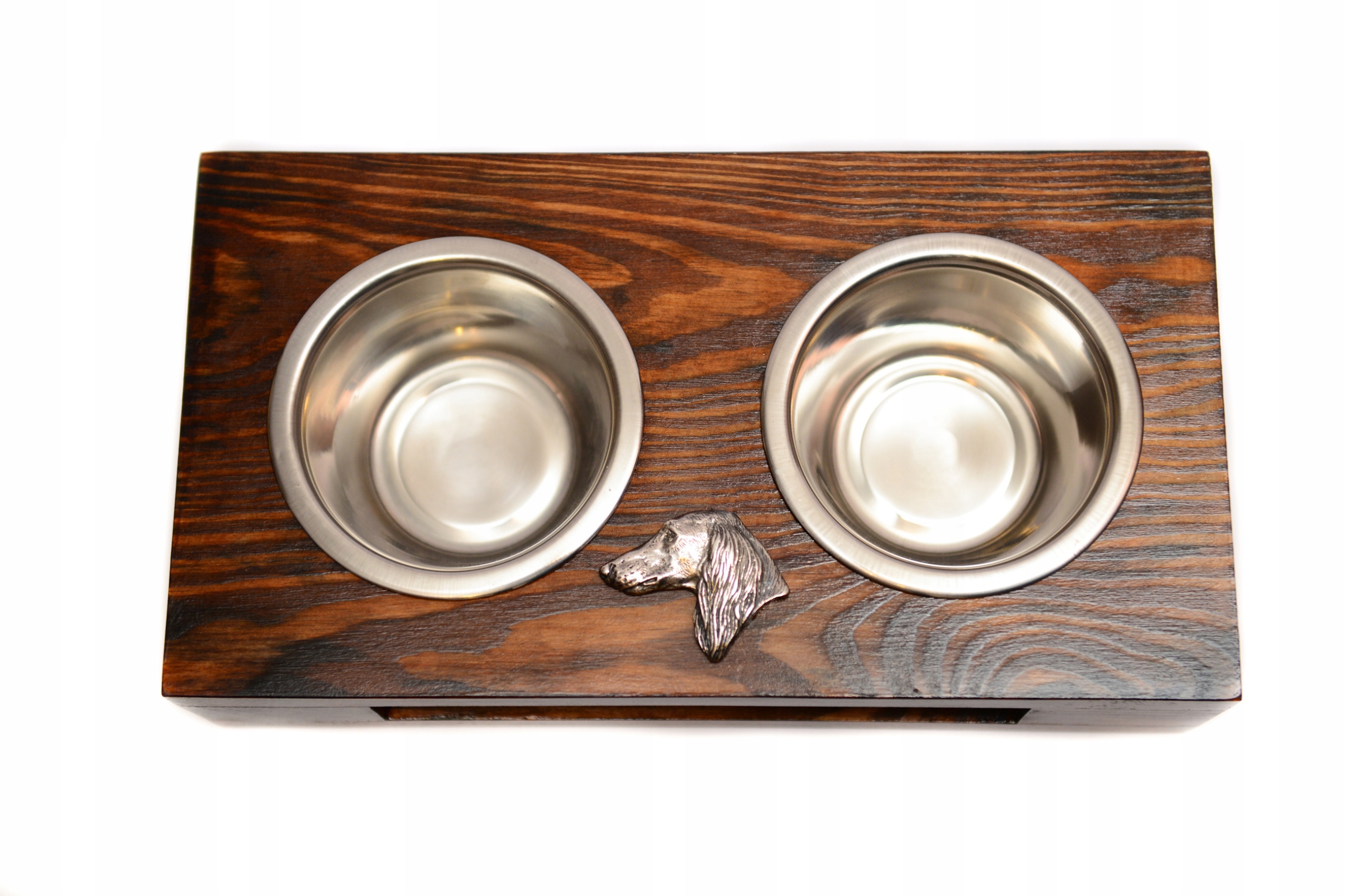 Levně Stojan s miskami pro psa, masivní dřevo, ručně vyráběné ocelové misky, Perský chrt