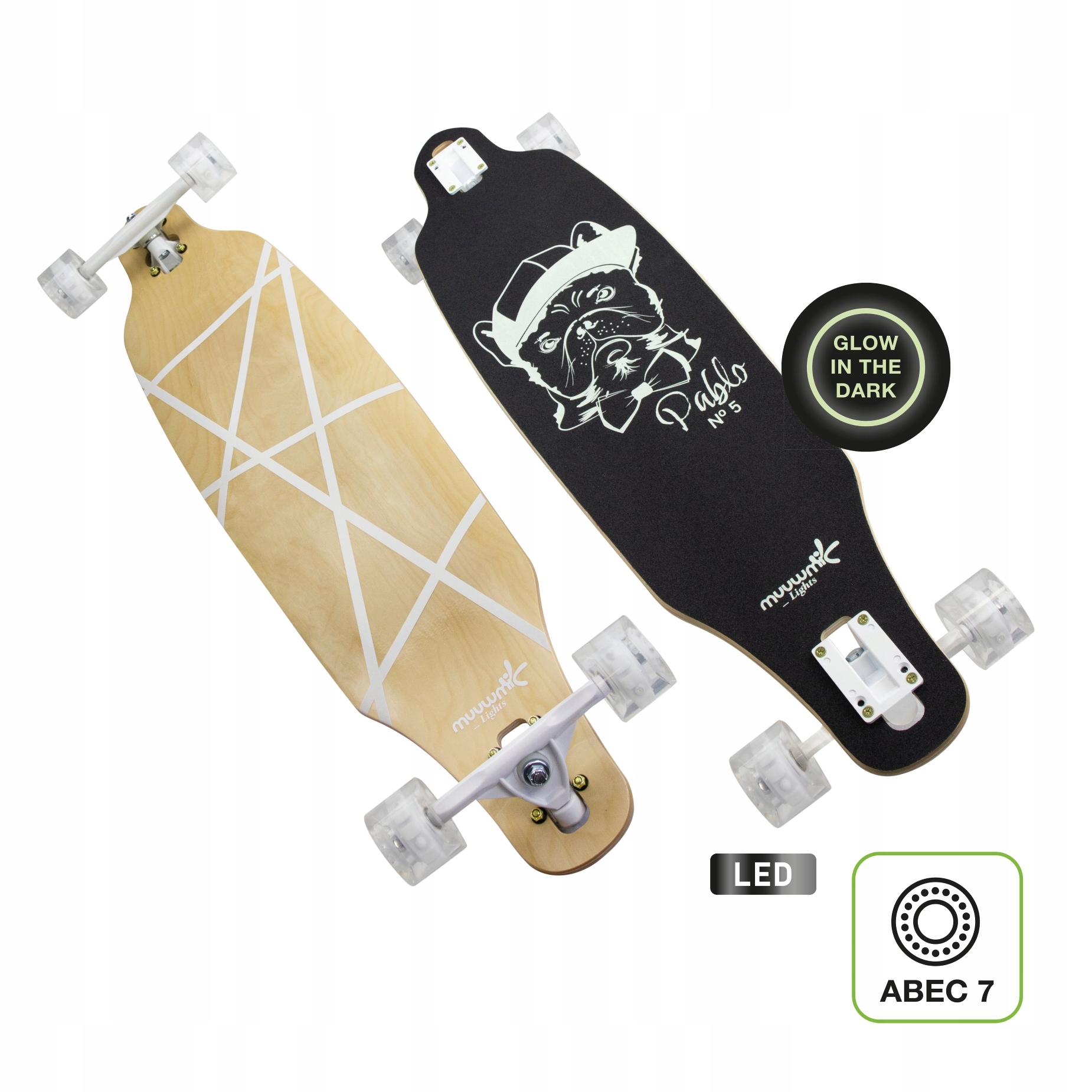 Muuwmi Longboard Glow Abec 7 Pablo, svítící kolečka, světelný efekt