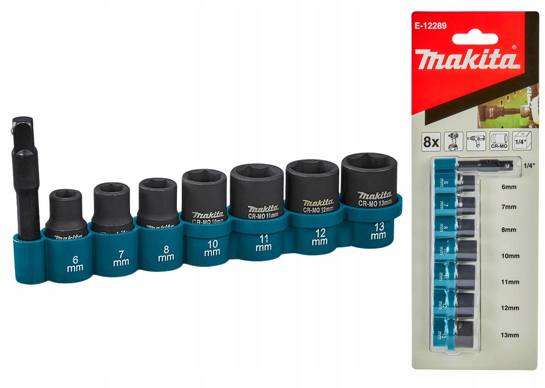 Makita E-12289 Zestaw nasadek udarowych 1/4" 6-13mm 8sztuk Cr-Mo Impact