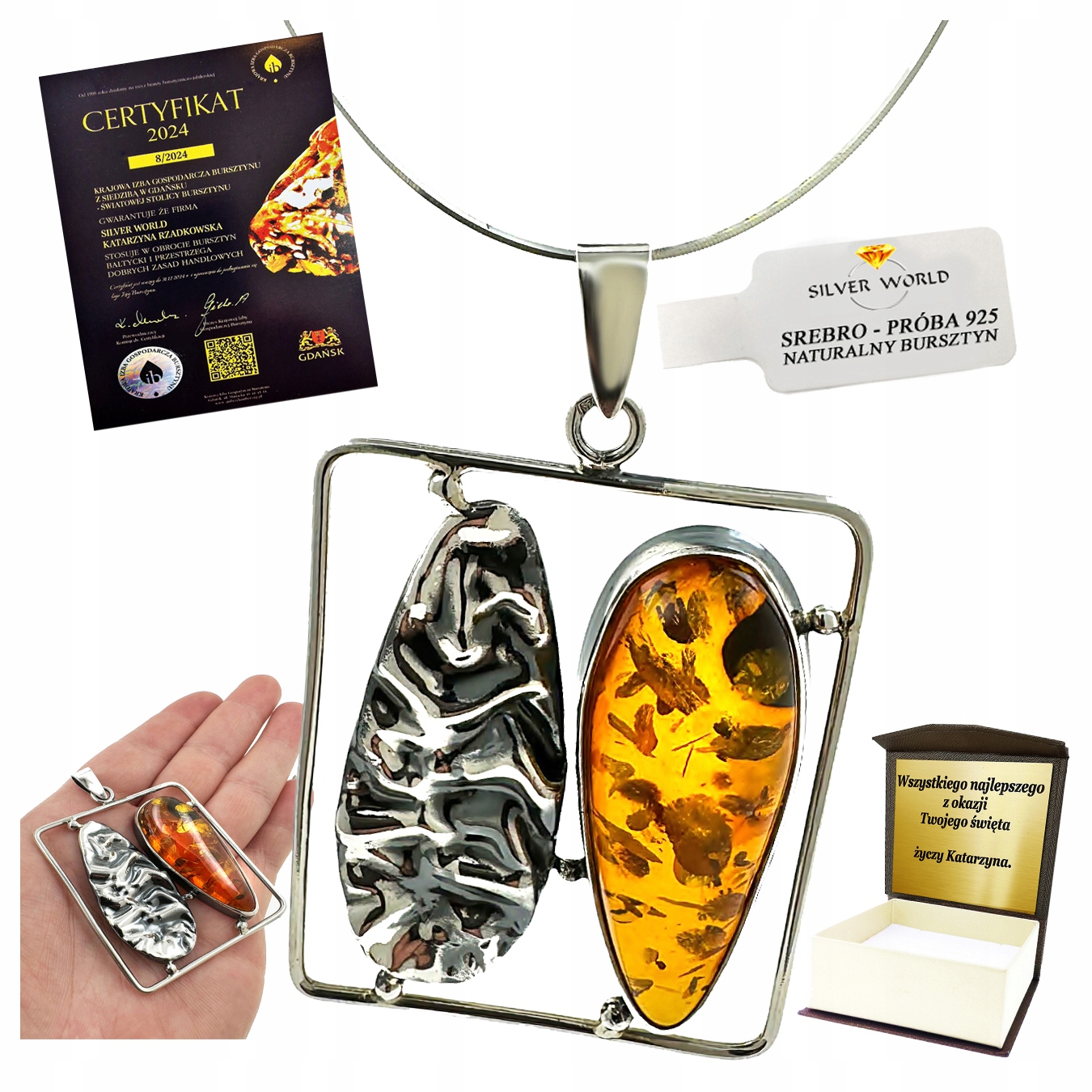 Přívěsek Stříbrný S Přírodním Koňakovým Jantarem Unikát Gravírování WB23