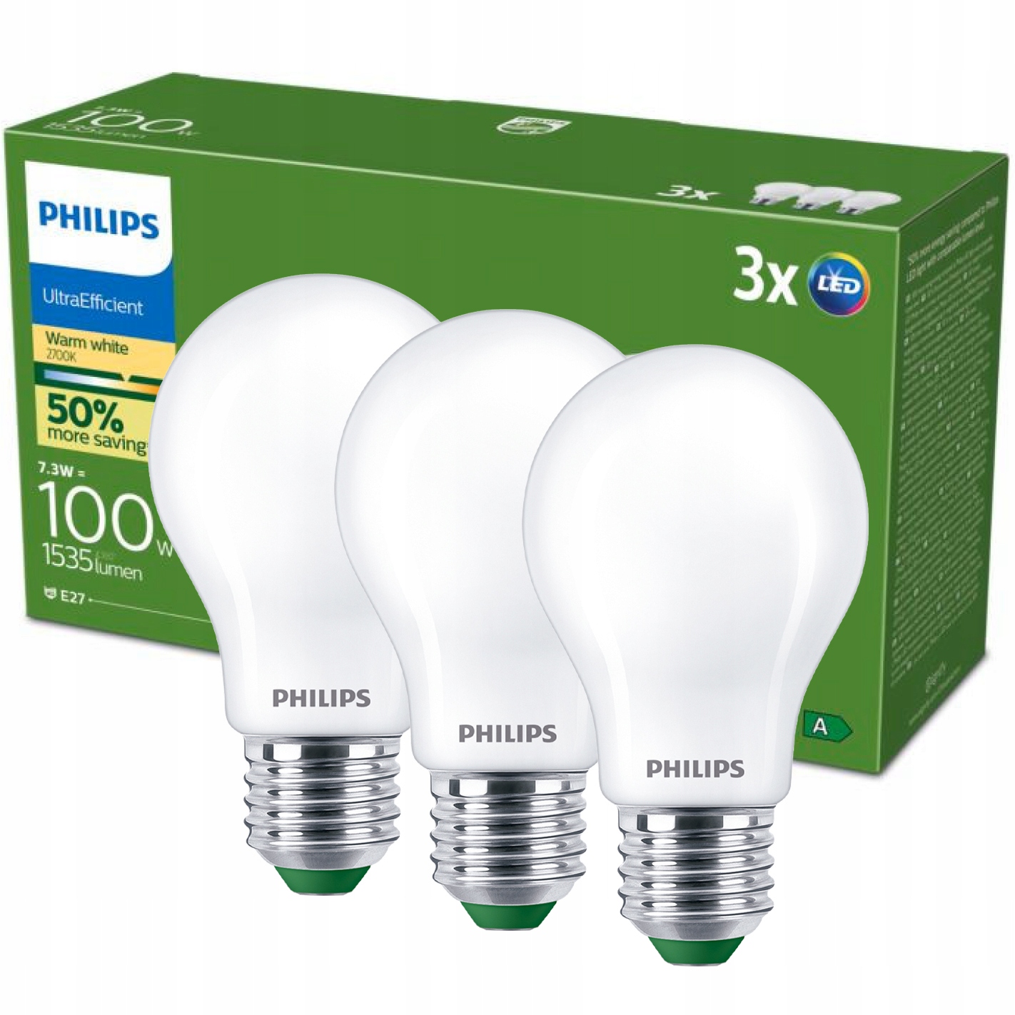 Led žárovka E27 Philips 7.3W 100W 1535lm 210lm/W 2700K Teplá Třída A 3 ks
