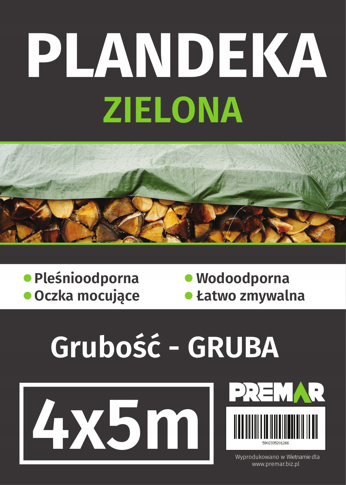 PLANDEKA 4X5M ZIELONA OKRYCIOWA OCHRONNA WODOODPORNA Z OCZKAMI Producent Premar