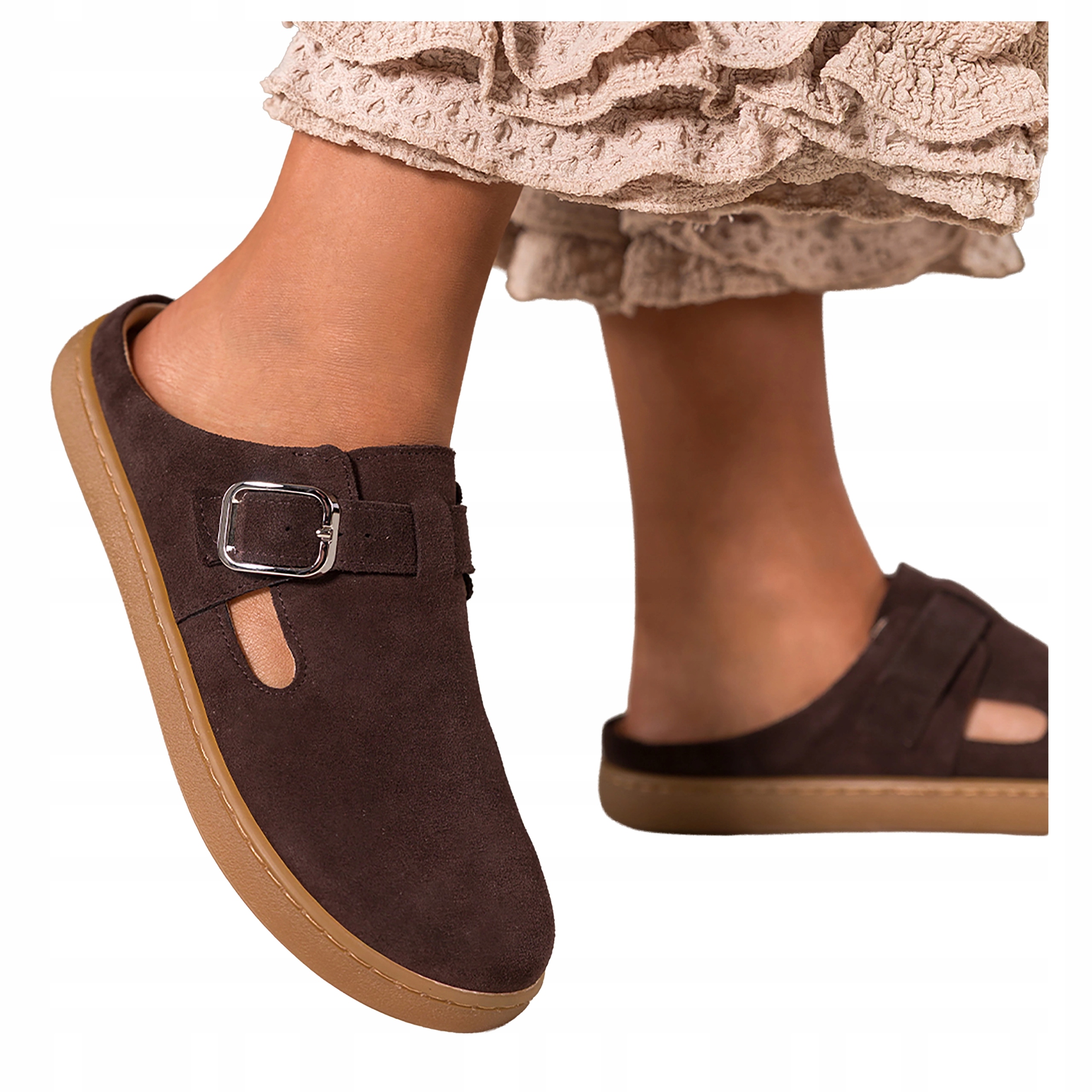 Čokoládové Nazouváky Dámské barefoot Pásek se stříbrnou sponou Kožené vel. 41