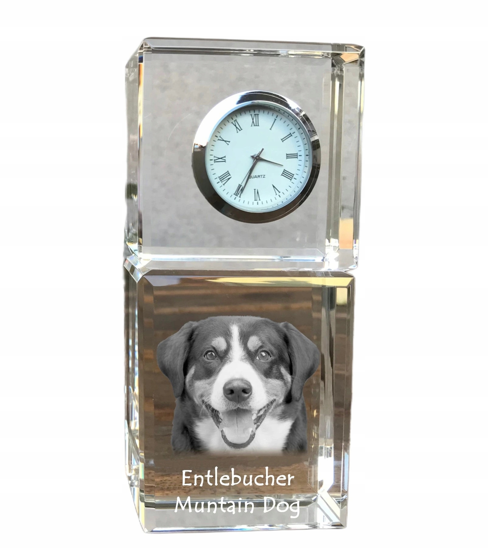 Entlebucher krištáľové stolové hodiny so psom, s vašou fotografiou, suvenír