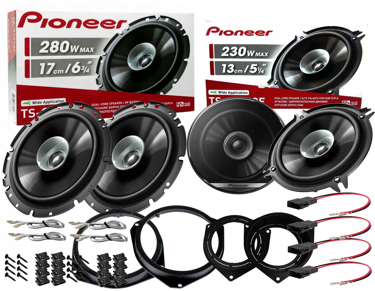 2× Pioneer TS-G1710F głośniki samochodowe 280W 165mm + maskownice (2 sztuki) + 10 innych produktów