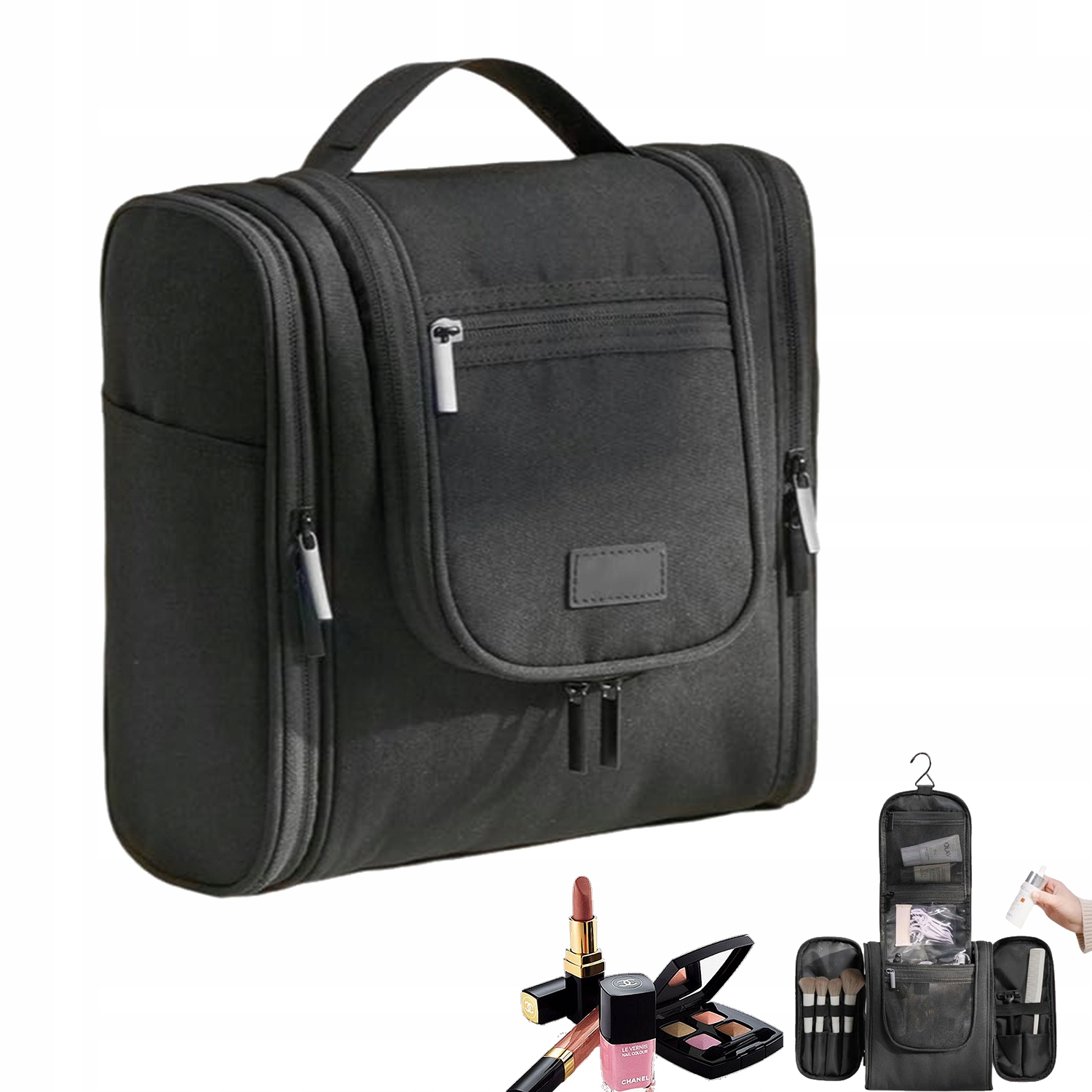 Cestovní Kosmetická Taška Černá, Vícekomorová, Z Materiálu Rept, Pro Cestování