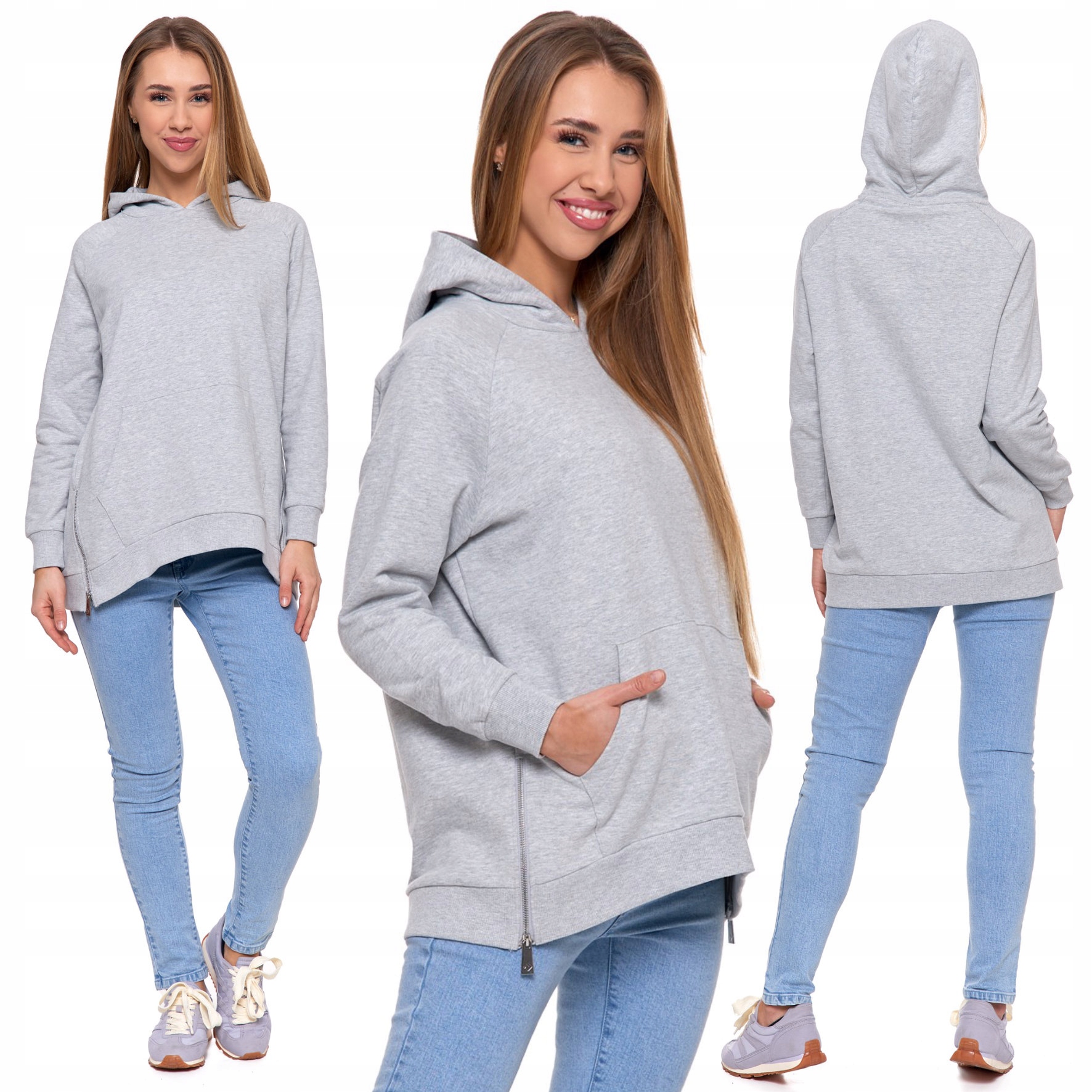 Bluza Damska Dresowa Oversize Z Kapturem Moraj Bawełniana Zamki Szara 3XL