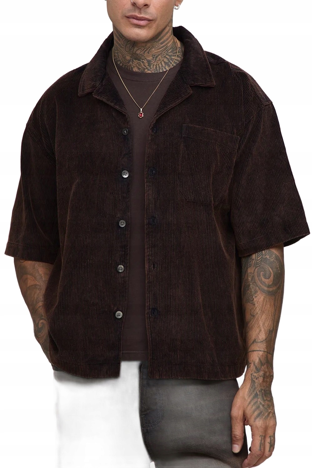 Boohooman Pánská Košile Casual Krátký Rukáv Hnědá Manšestrová M Z3A