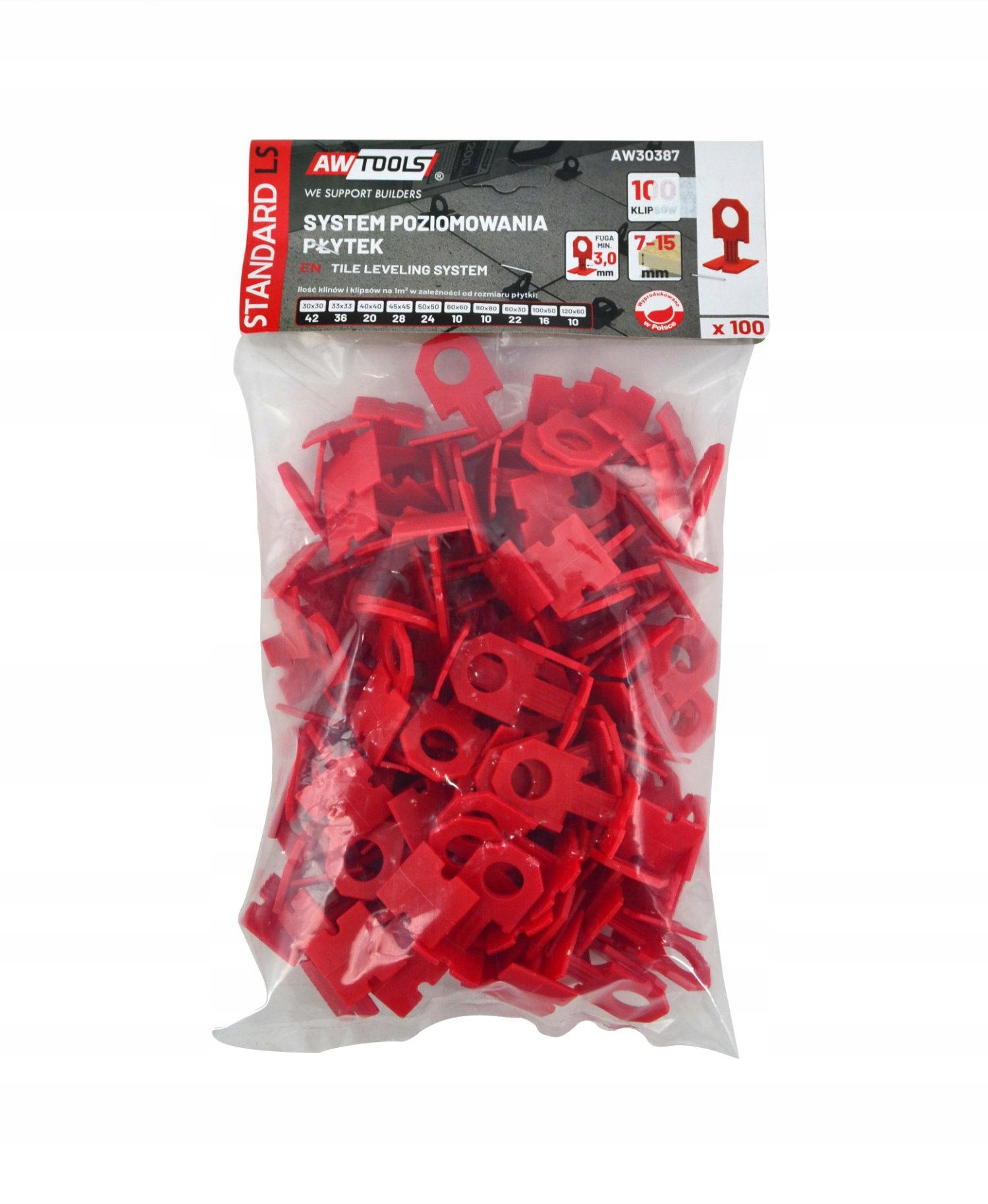 SYSTEM POZIOMOWANIA PŁYTEK STANDARD 3,0mm 7-15 mm KLIPS 100 szt. AWTOOLS