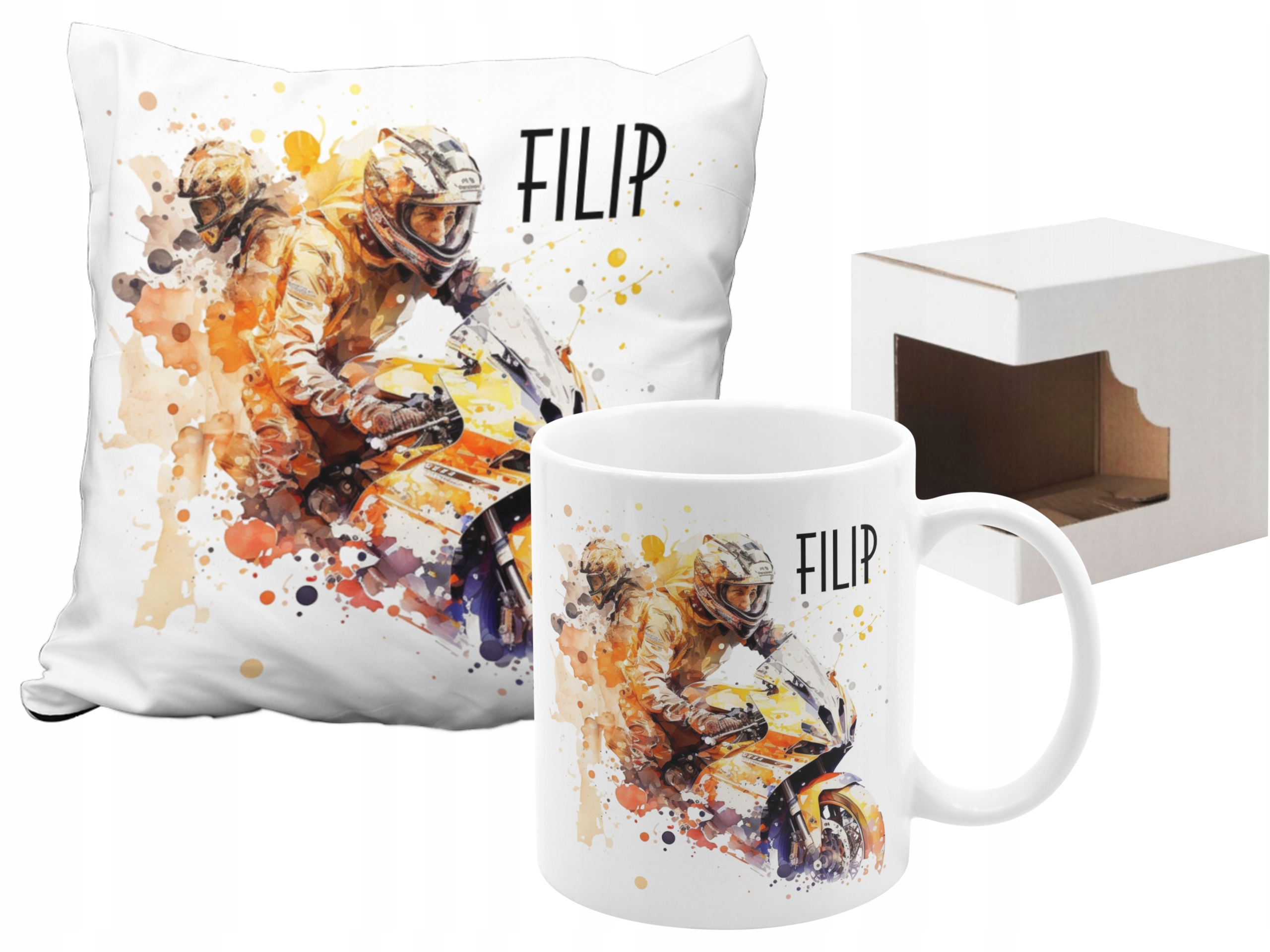 ZESTAW MOTORBIKE WYŚCIGI KUBEK PODUSZKA Z IMIENIEM Marka MS