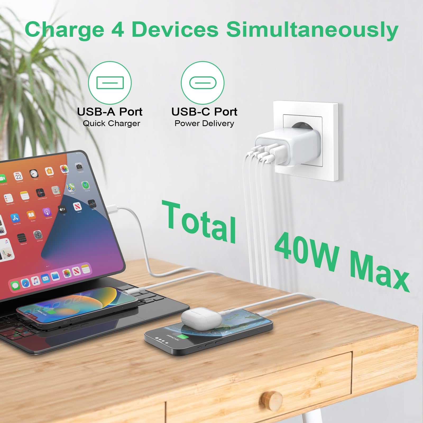 GCSTNN 40W USB C Charger, 4 Ports PD3.0 QC3.0 for iPhone Samsung Xiaomi — miniatura 2