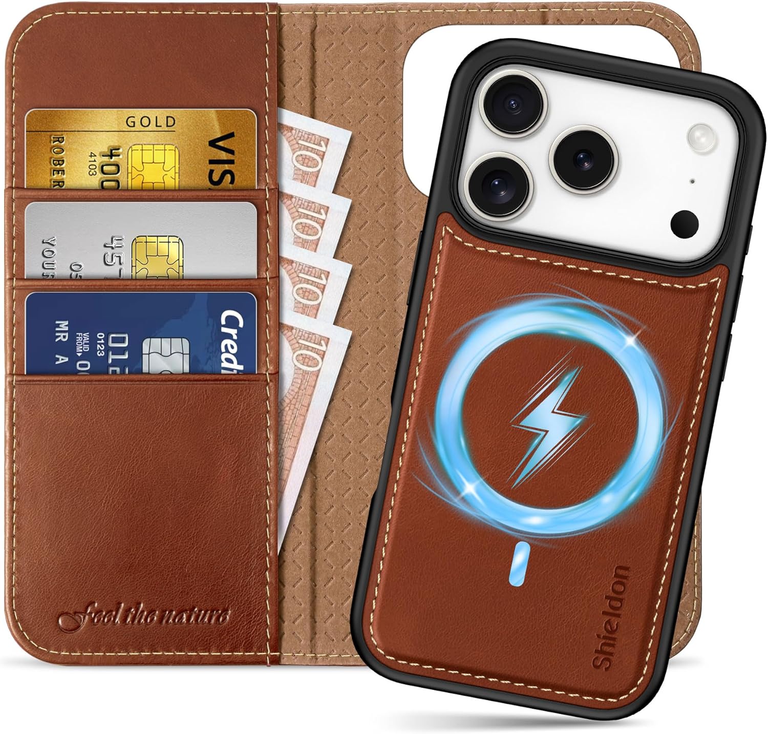 Flipové pouzdro Zadní Kryt MagSafe 2v1 Shieldon pro Apple iPhone 17 Pro Max Kůže