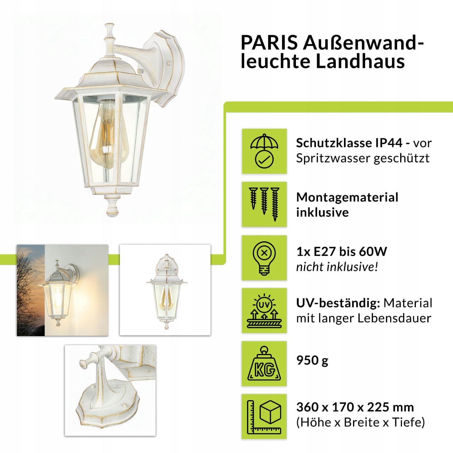 LICHT-ERLEBNISSE Lampa Zewnętrzna IP44 Biało-Złota Rustykalna — miniatura 2