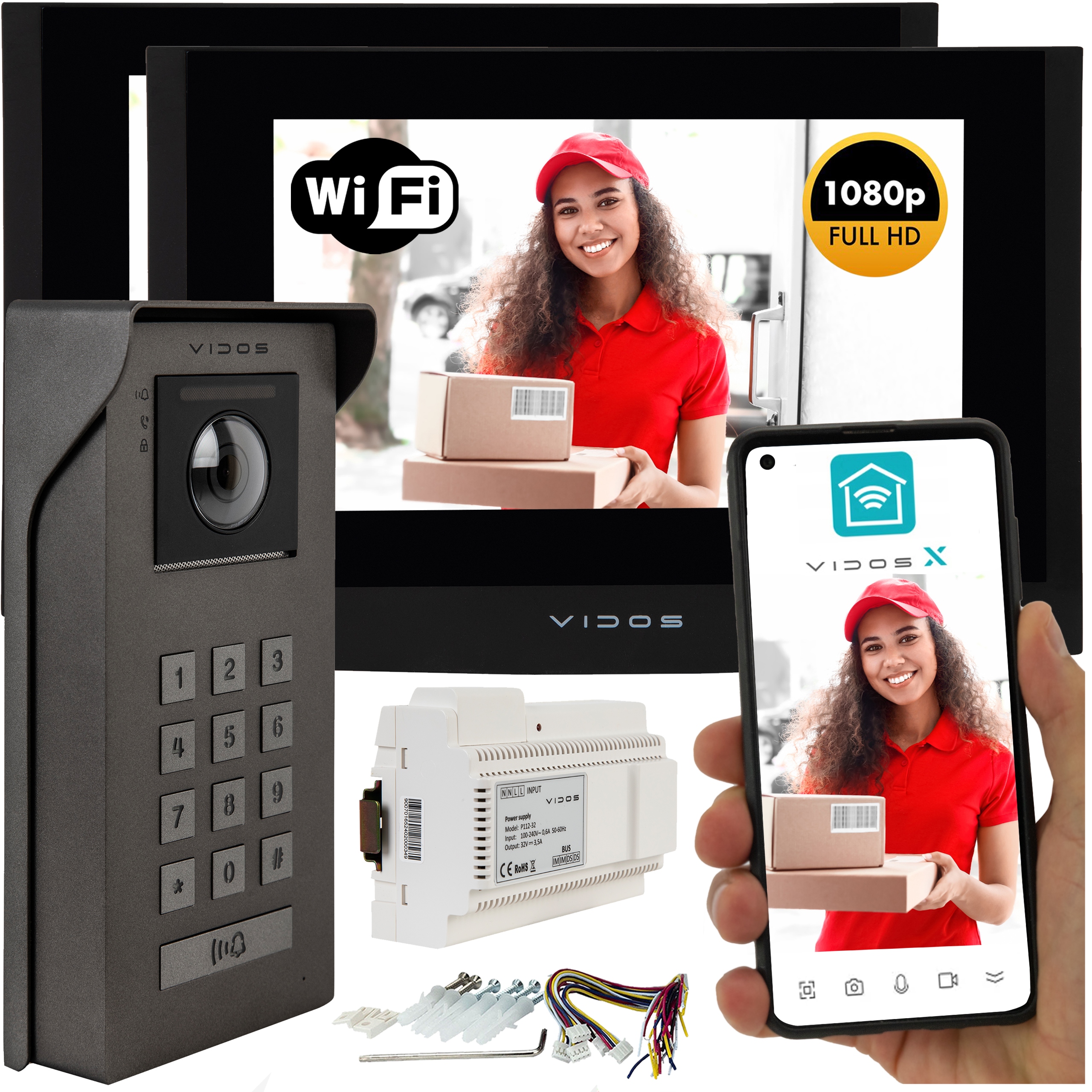 Wideodomofon Vidos 2IP 2 żyłowy 2 monitory WiFi M200B-X Stacja S200 Szyfr