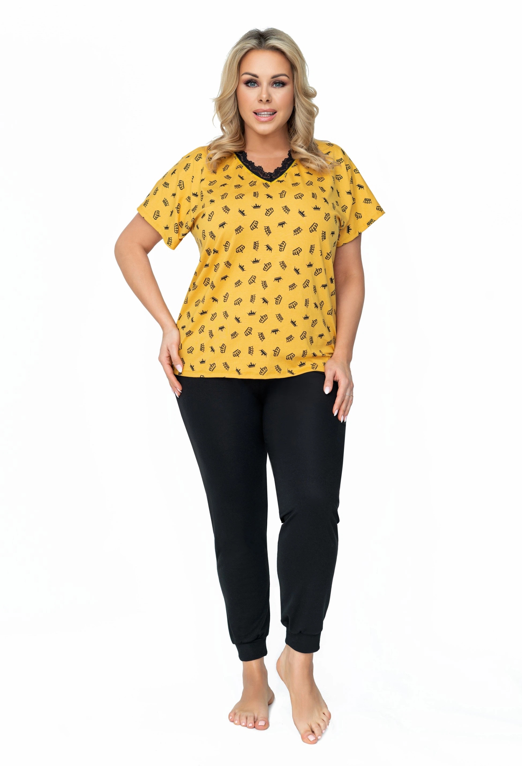 Dámské Pyžamo Donna Queen Plus Size Viskózové Dlouhé s potiskem Černá 48
