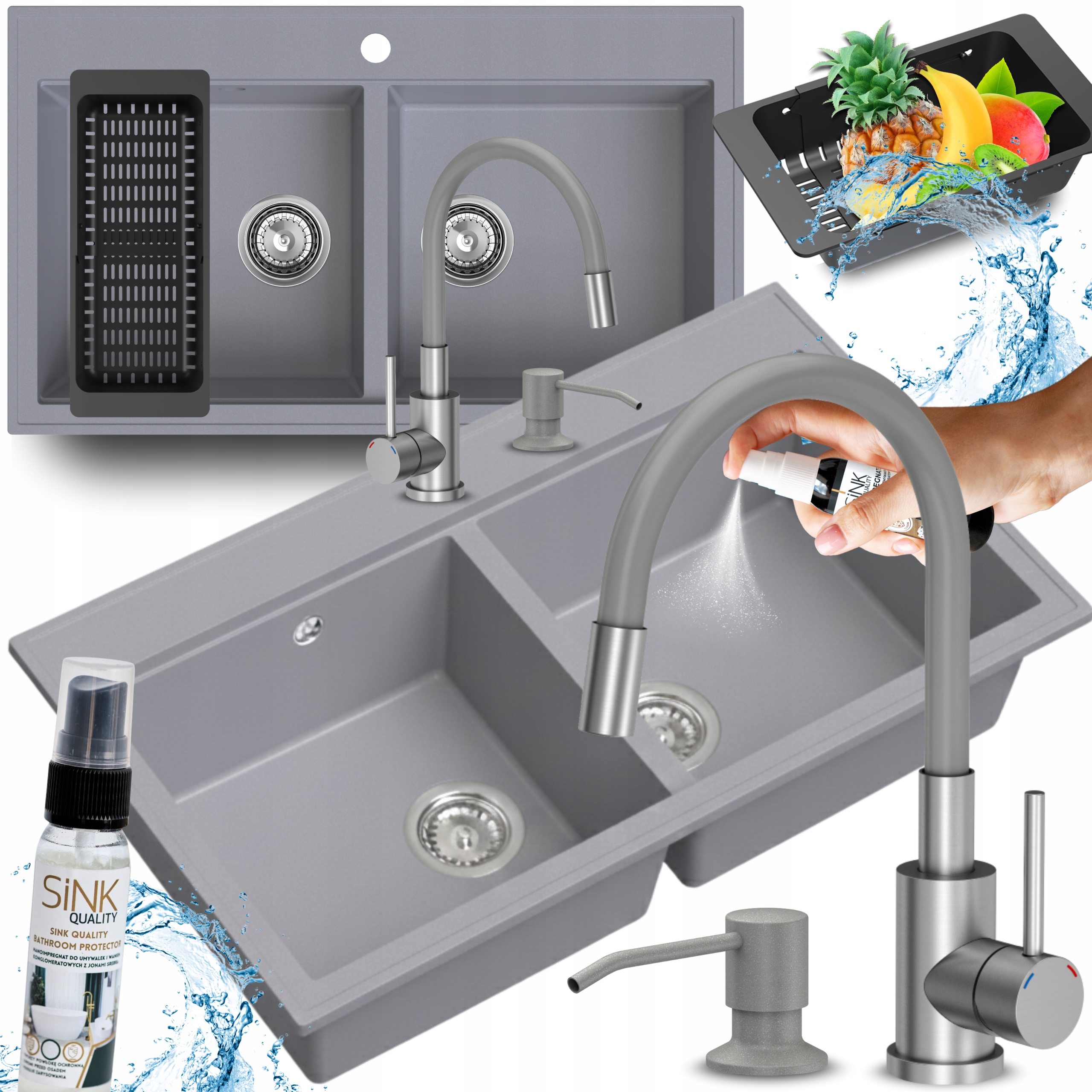 Dvoukomorový Granitový Dřez Šedý Velký Hluboký s Kuchyňskou Baterií