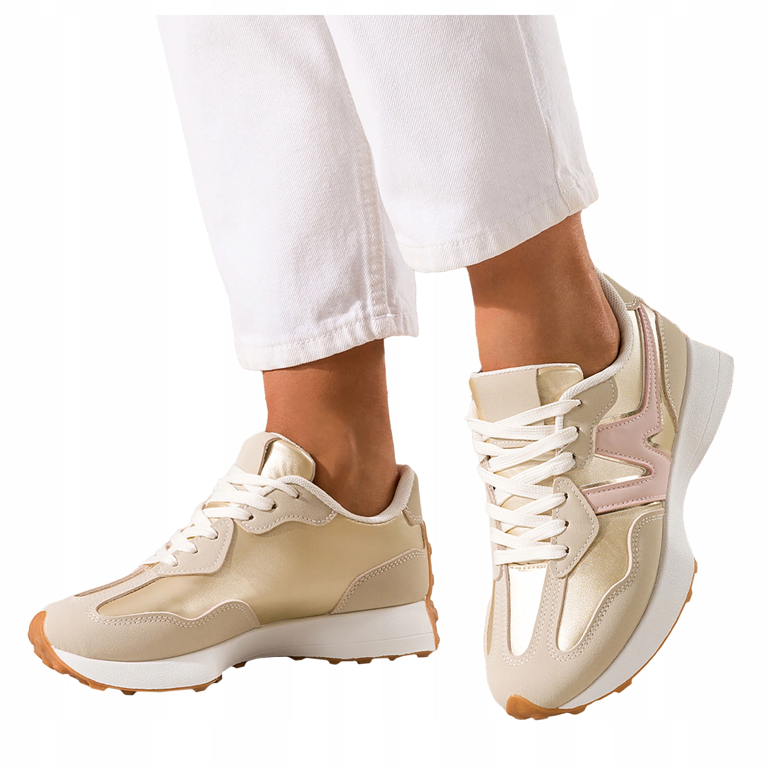 Damskie Sportowe Sneakersy Złote Platforma Różowe Wstawki Sznurowane r 37