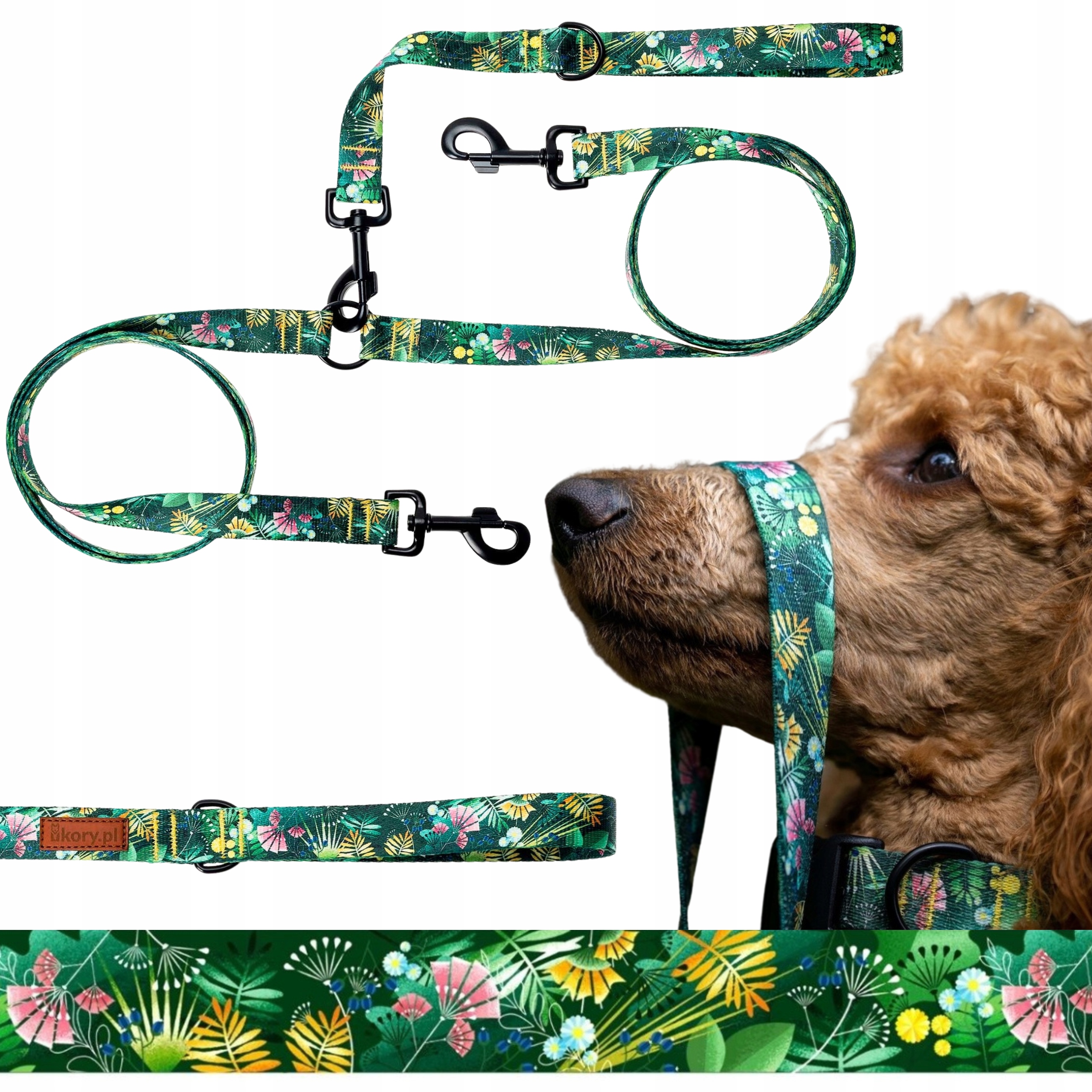 Vodítko x2 rozdělovač Dva Psi 1,38 m páska 2 cm Ukory Zelený vzor