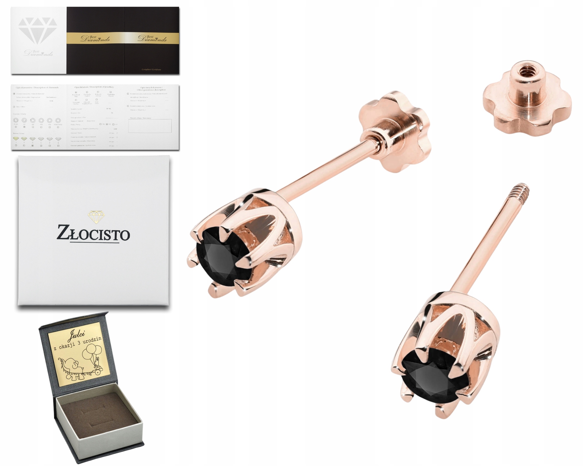 Růžové Zlato Náušnice S Černými Brilianty, Šroubovací Tyčinka Zlato 585