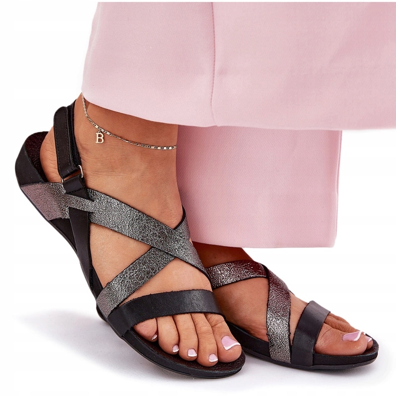 Dámské Sandály Z Přírodní Kůže S Plochými Pásky Zazoo 40032 Černé 38