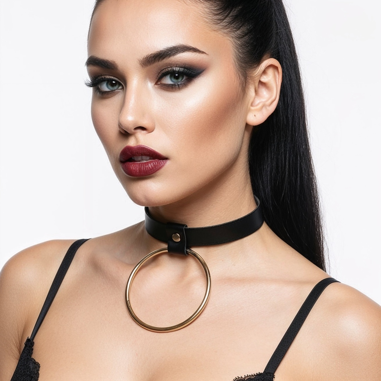 Choker Kožený obojek s velkým stříbrným kolečkem