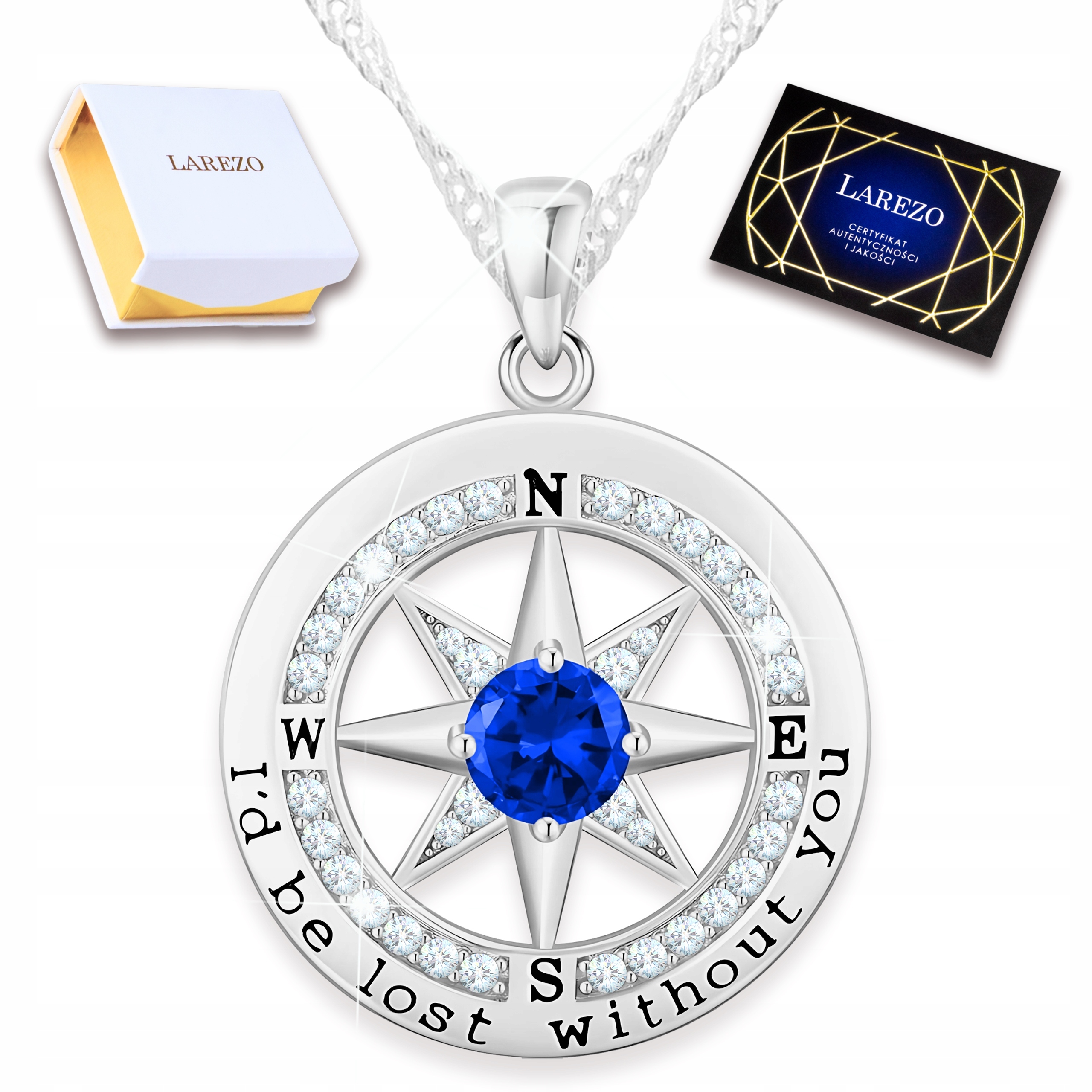 Stříbrný náhrdelník Křišťálový kompas Modrý Zirkon Cestování Stříbro 925