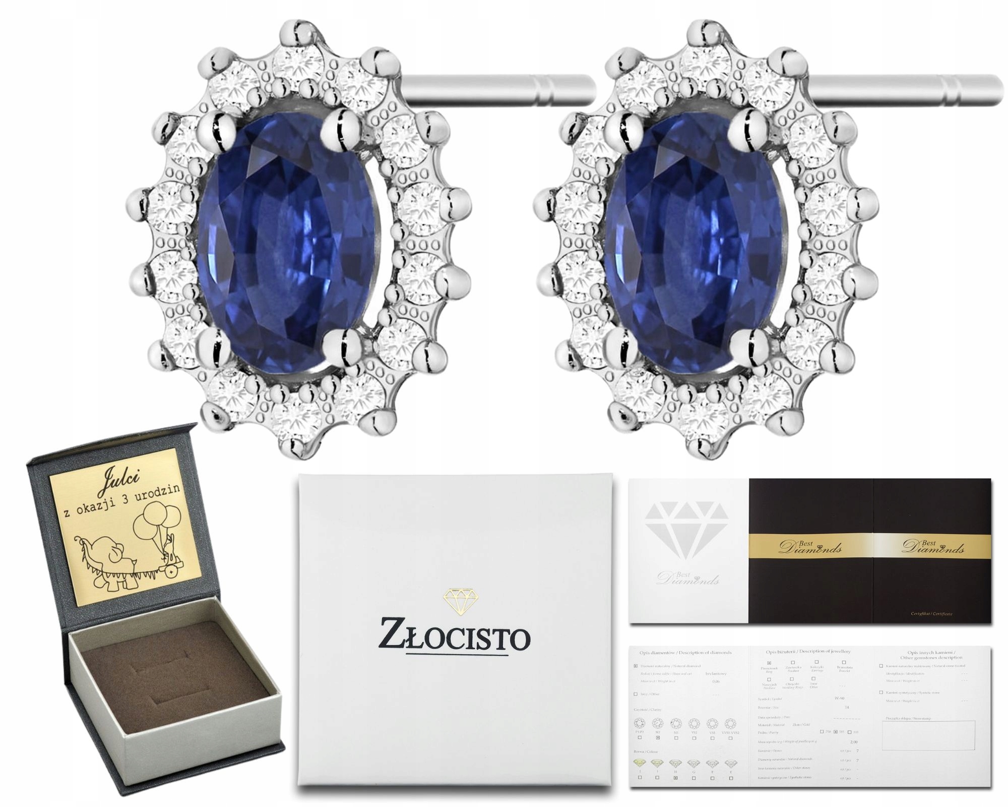 Bílé Zlato Náušnice Na Tyči Safíry Diamanty Zlato 585 Jako Dárek