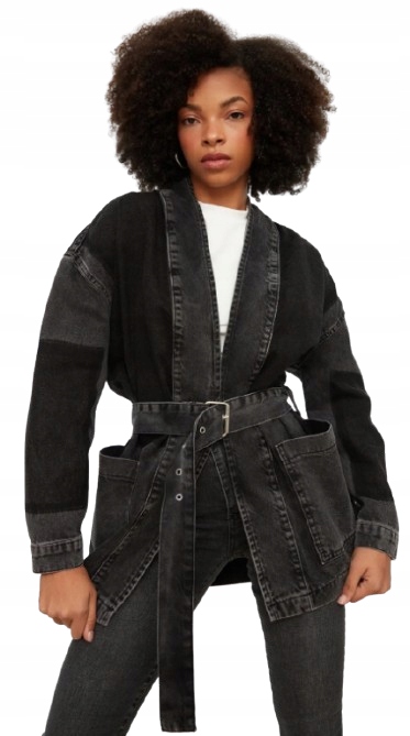 Trendyol Černá Džínová Kimono Bunda S Páskem 34 5AB