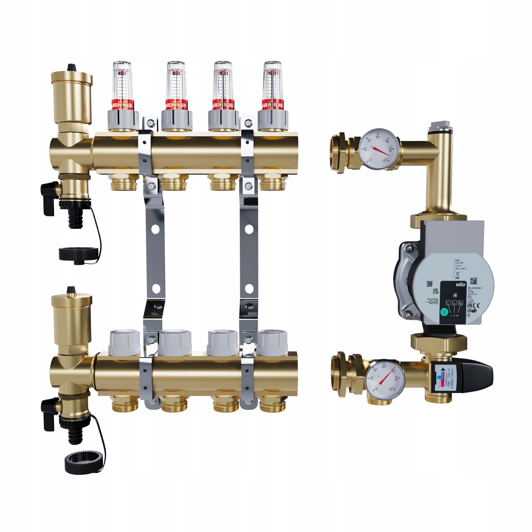 Rozdělovač pro podlahové topení 4 mosazné sekce Čerpadlo Wilo