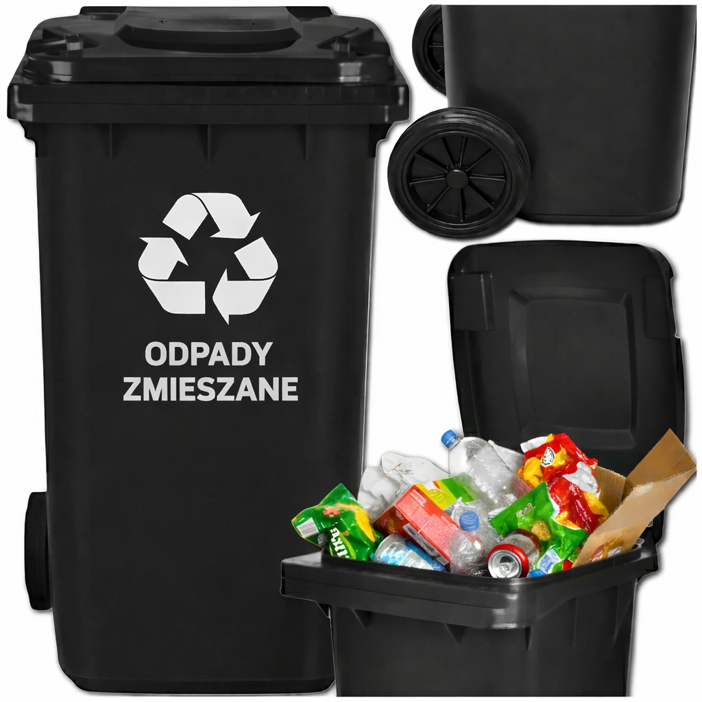 Kosz Na Śmieci Zmieszane Odpady 120L Czarny Pojemny Pojemnik Zewnętrzny