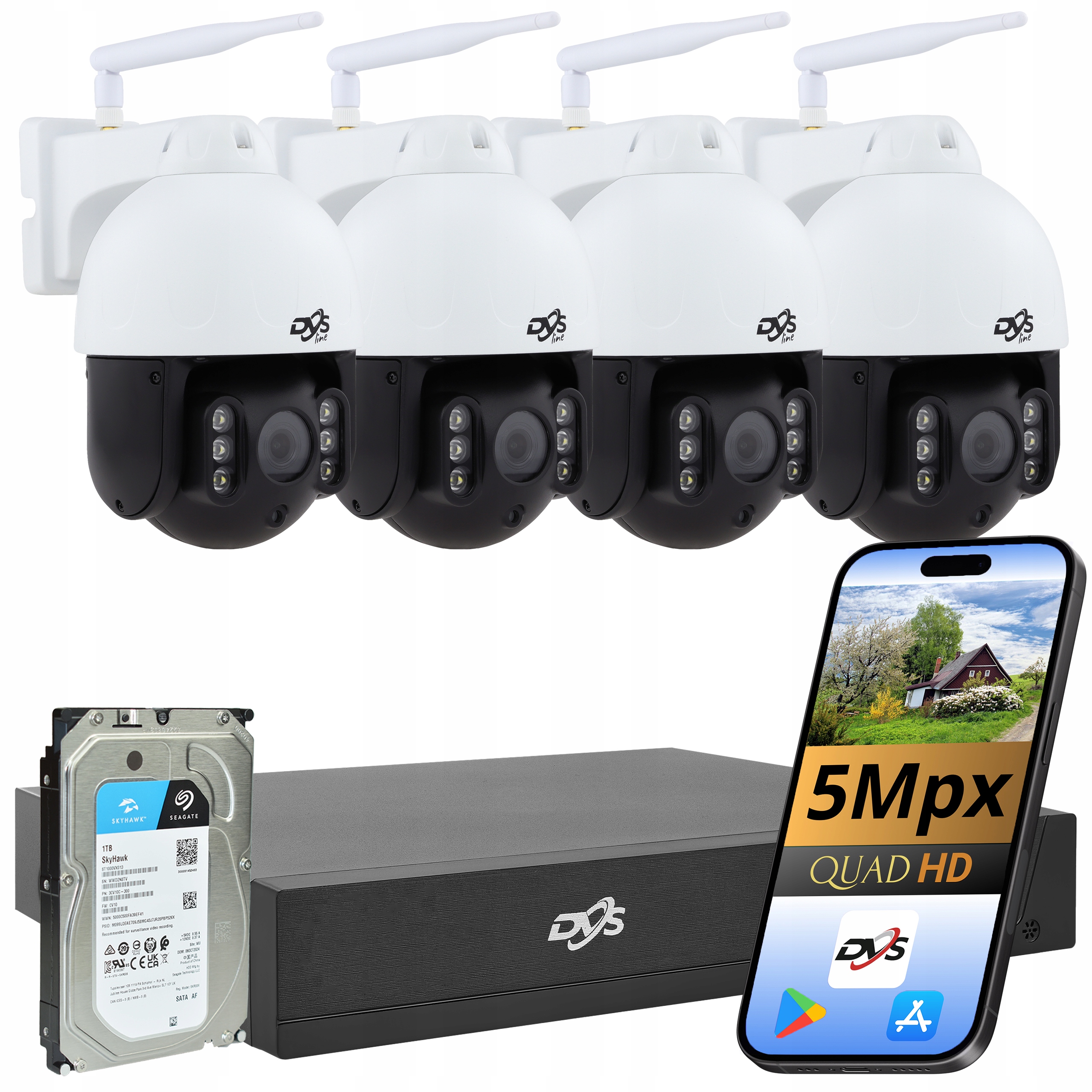 Wifi Monitorovací Sada 4x Venkovní Otočná Kamera 5MPX Rekordér Disk