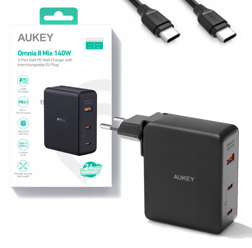 Aukey PA-B7O Omnia II GaN 2xUSB-C 1xUSB-A Pd 3.1 Pps 140W Ładowarka kabel