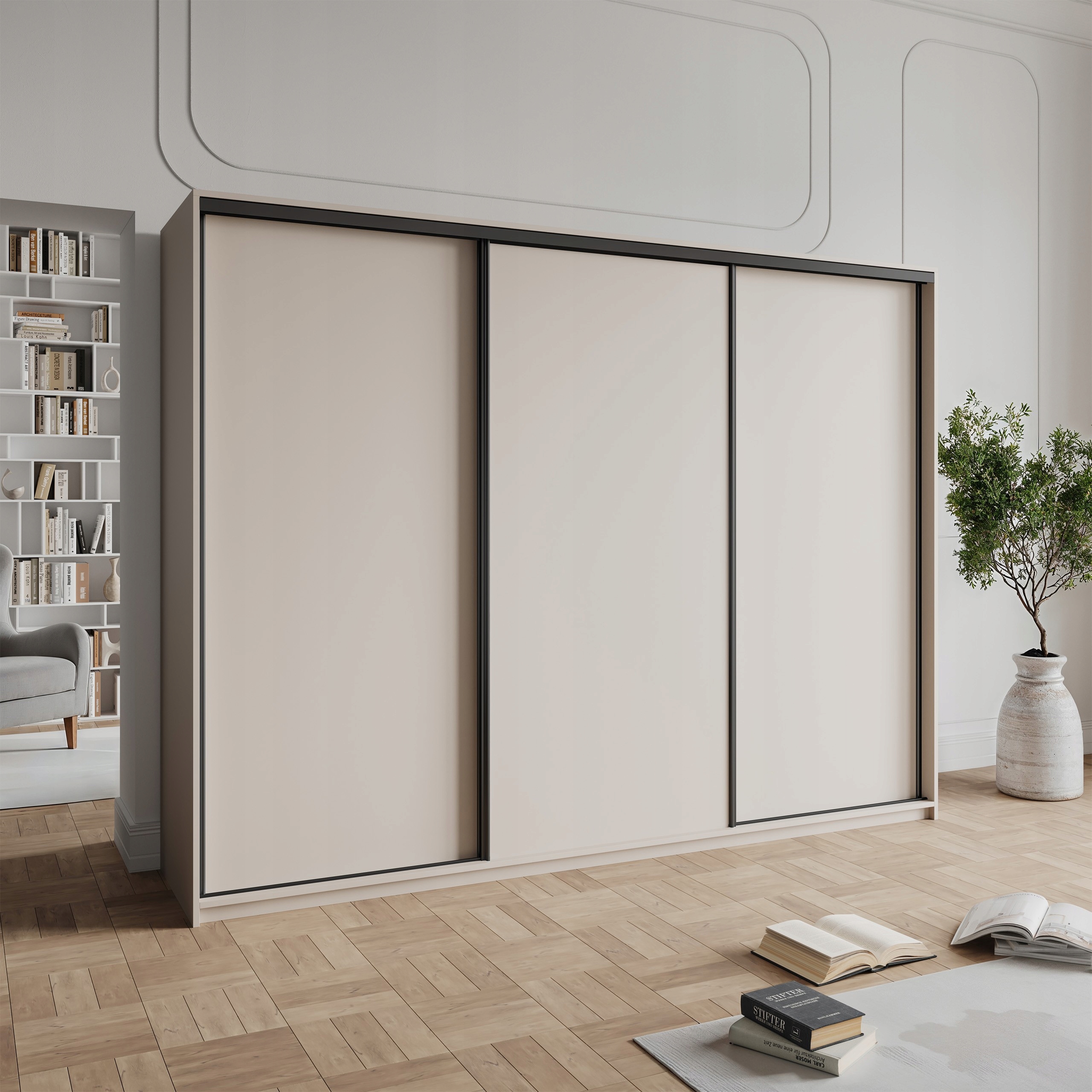 Skříň 250 cm se zásuvkami, třídveřová, kašmír černá