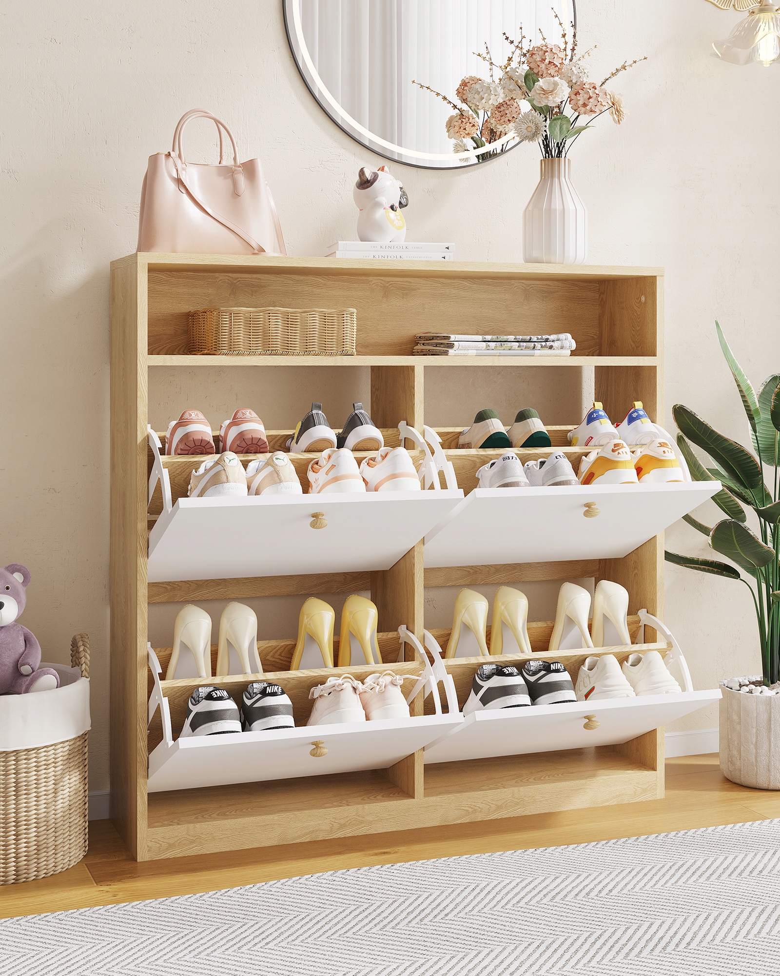 Botníky, Stojany na boty, 4 výklopná dvířka, Dřevěné úchyty, Bílá