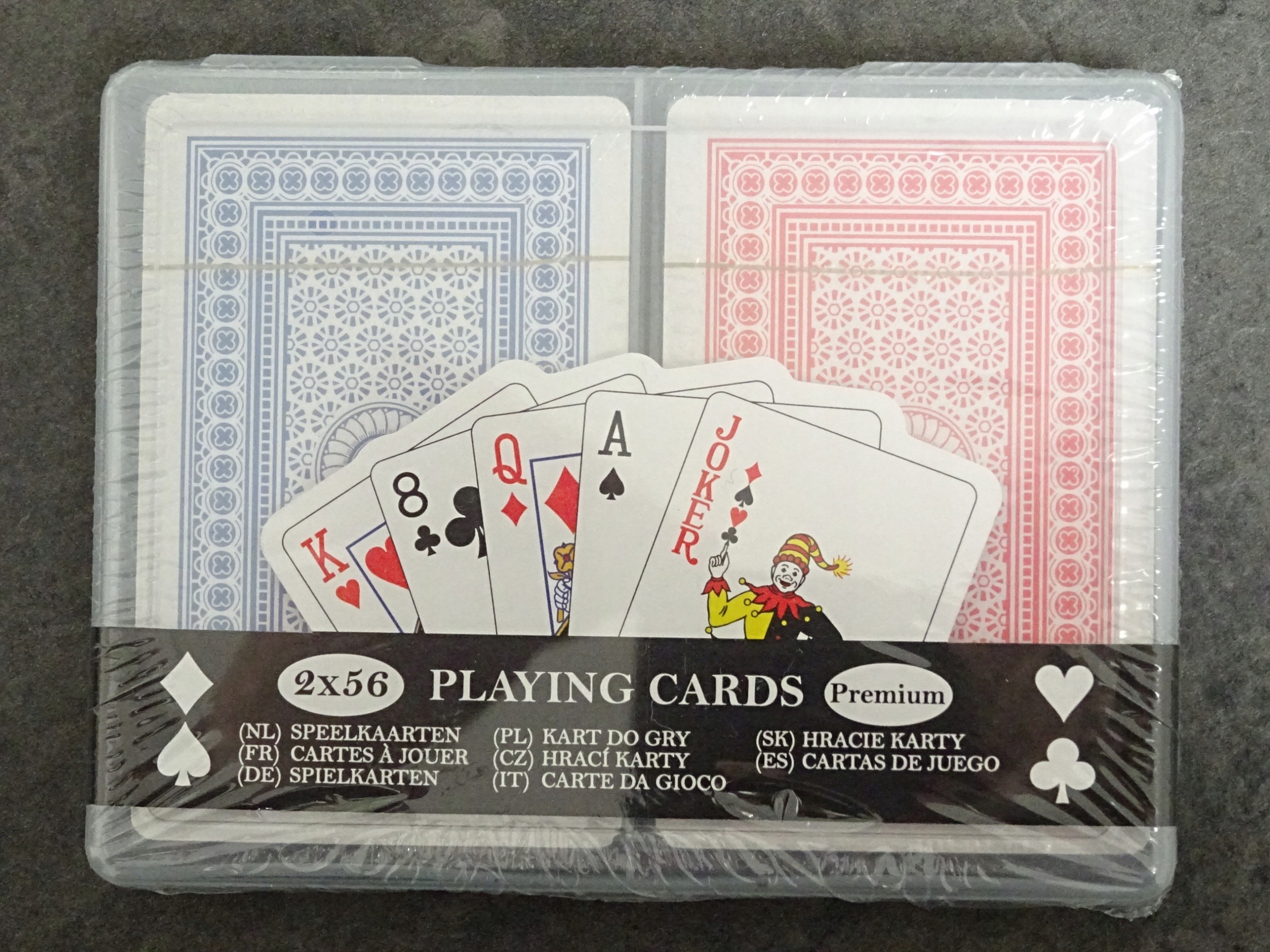 KARTY DO GRY 2 TALIE PREMIUM 2x56 kart PLASTIKOWE PUDEŁECZKO Nazwa playing cards premium