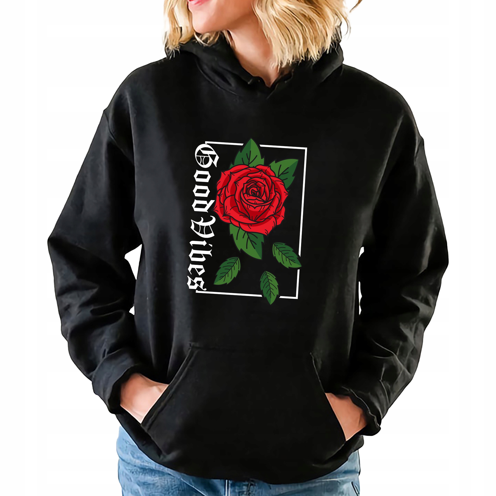 Mikina S Kapucí Černá Good Vibes Rose Dárek Streetwear Velikost S