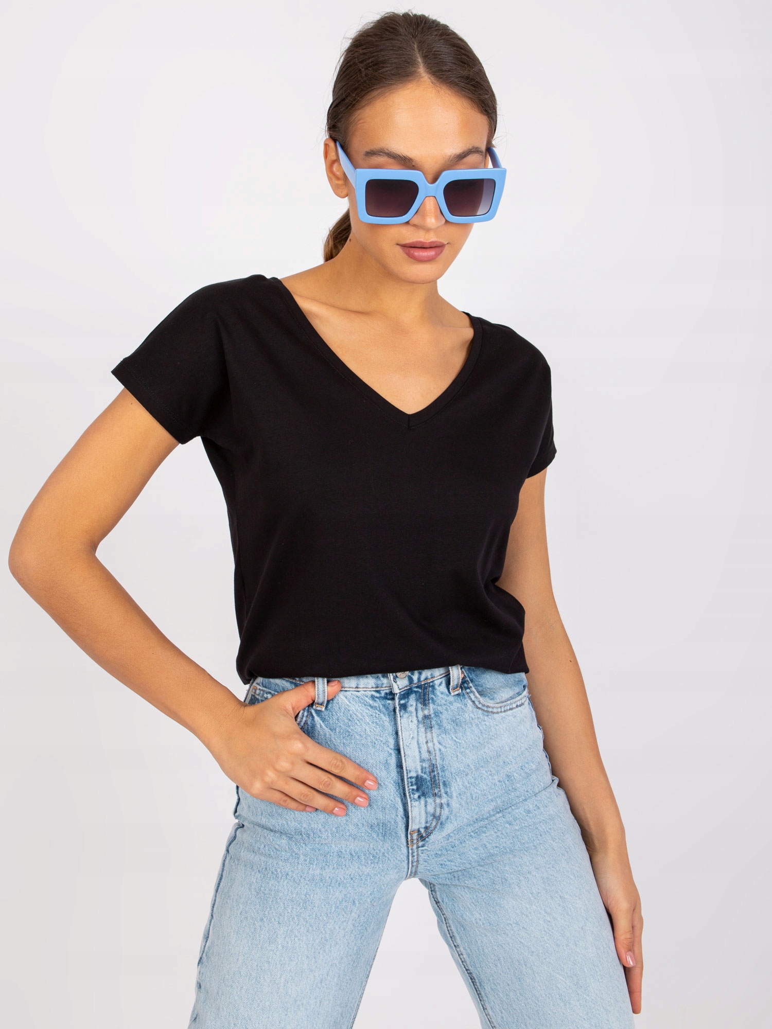 T-SHIRT DAMSKI KOSZULKA BAWEŁNIANA V-NECK SEREK Wzór dominujący bez wzoru