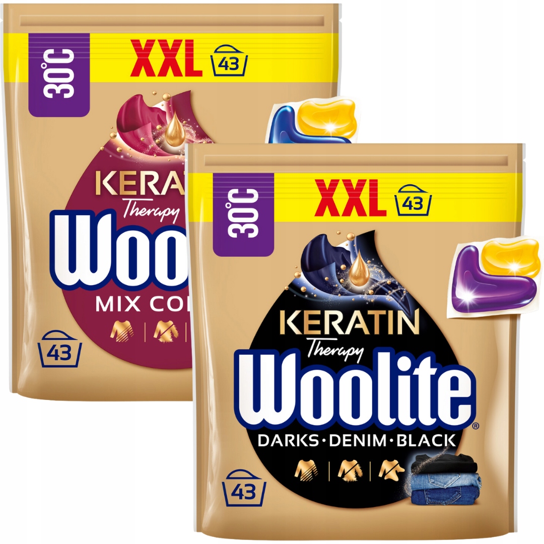 Levně Woolite Kapsle s Keratinem MIx na praní Color Dark Black Jeans 2x43 ks