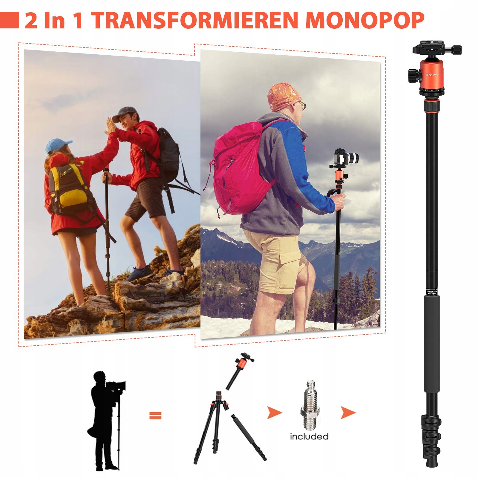 GEEKOTO Statyw Aparat DSLR 200cm Aluminiowy Monopod 360° Panorama 8kg — miniatura 4
