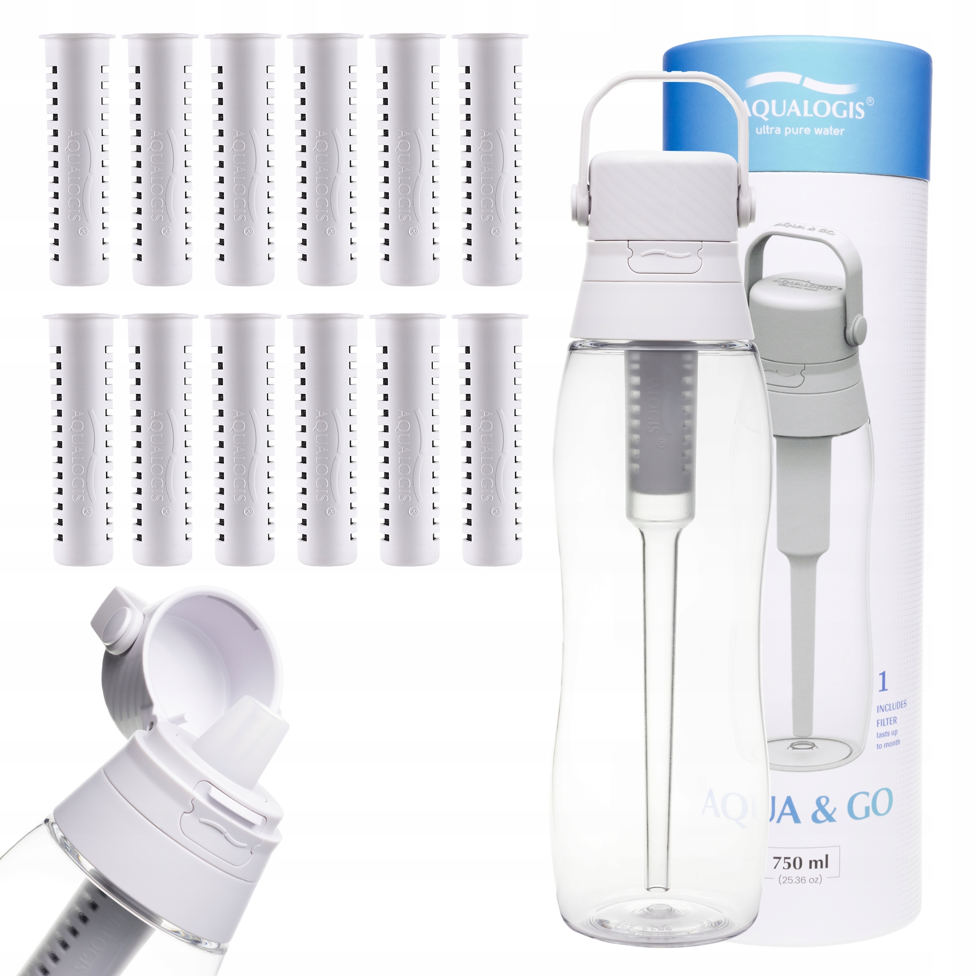 Filtrační láhev Aqualogis Aqua&Go 750 ml bílá s 12 filtry