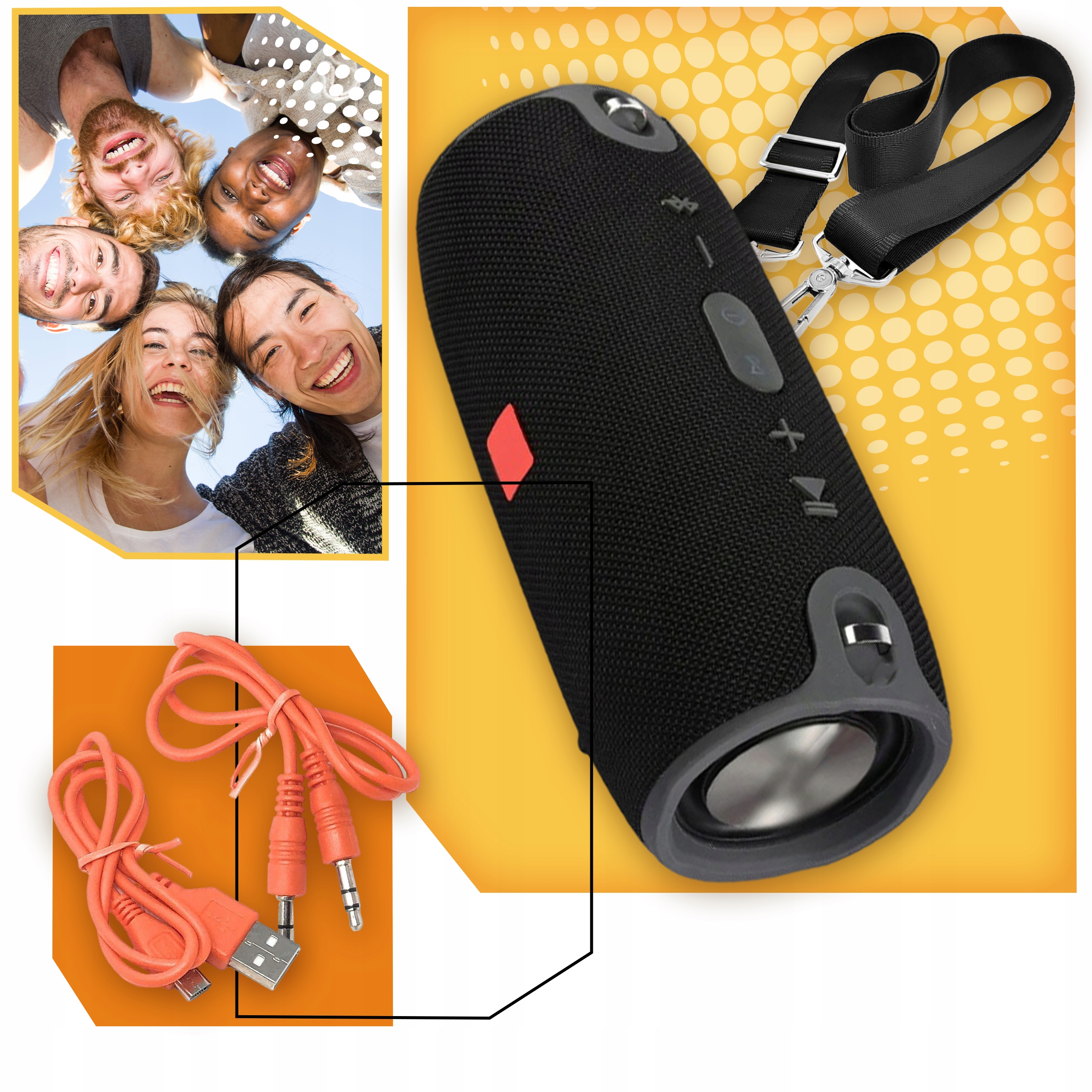 MOCNY GŁOŚNIK MOBILNY BEZPRZEWODOWY BLUETOOTH Z RADIO BASS PASKIEM NA RAMIE Stan opakowania oryginalne