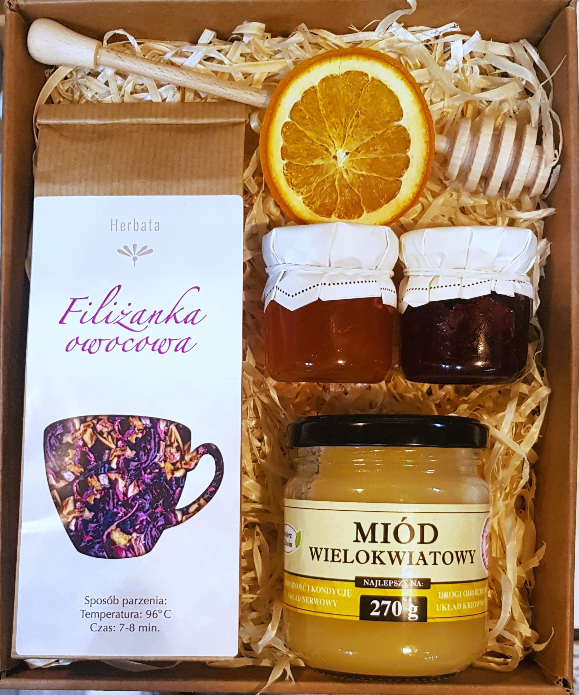KOSZ PREZENTOWY PREZENT MIÓD HERBATA KONFITURY