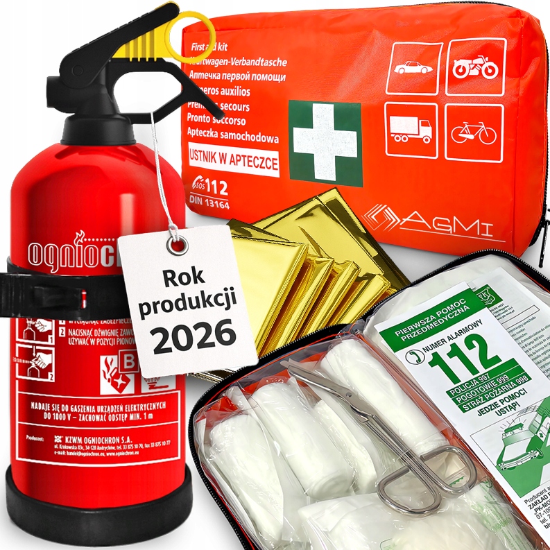 Zestaw bezpieczeństwa Agmi z gaśnicą proszkową 1 kg i apteczką DIN 13164