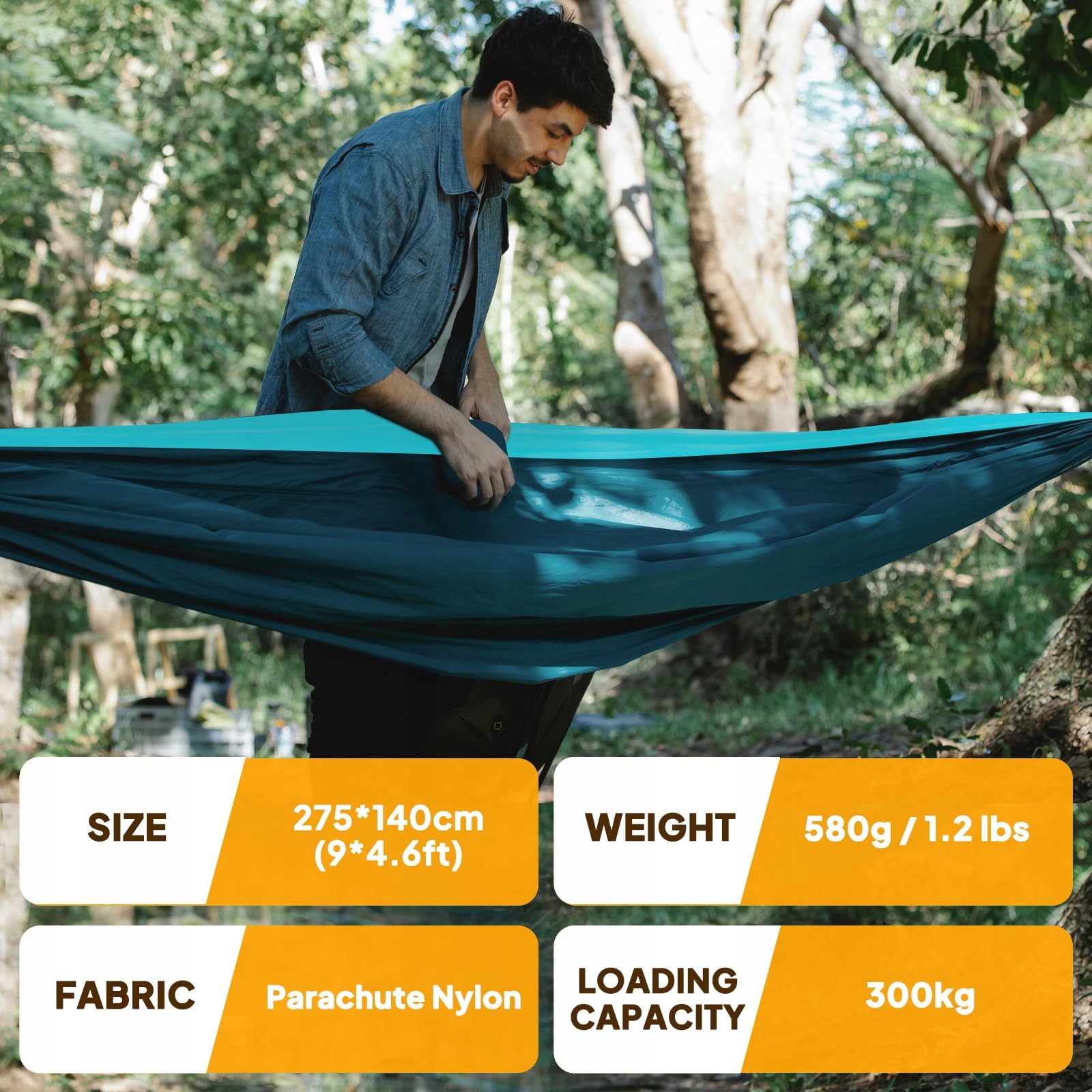 NATUREFUN Ultralekki Hamak Campingowy 300kg Nylon Oddychający 275x140 cm — miniatura 2