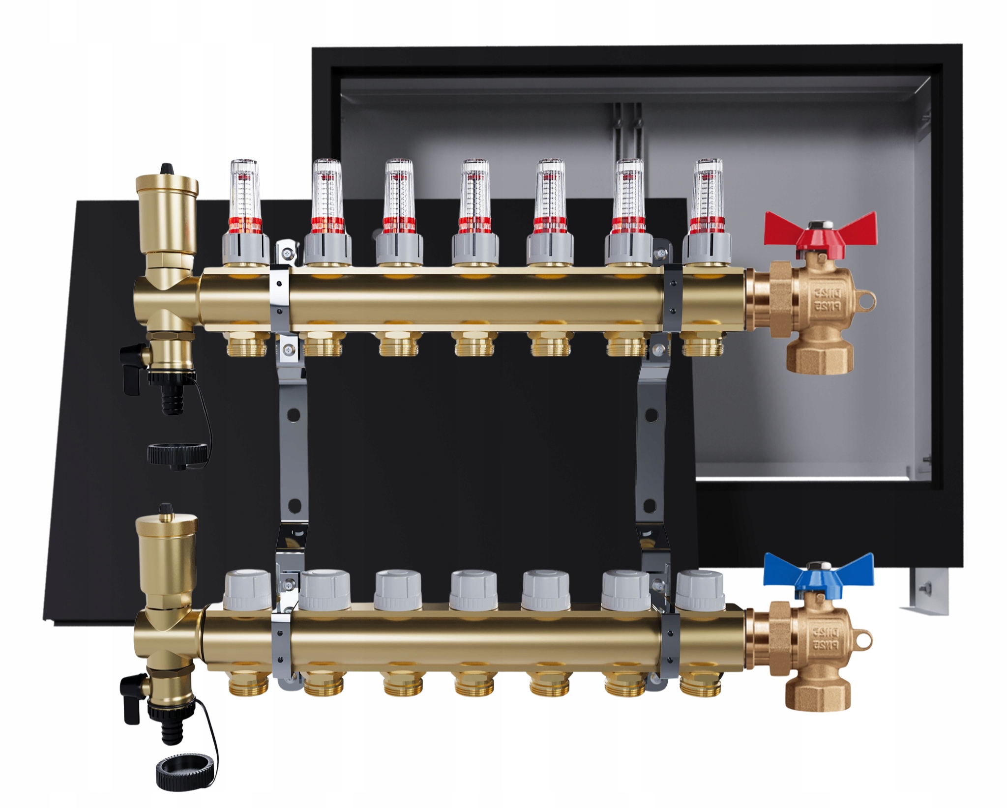 Rozdělovač podlah Mosazný 8 okruhů Podomítková skříň Ventily