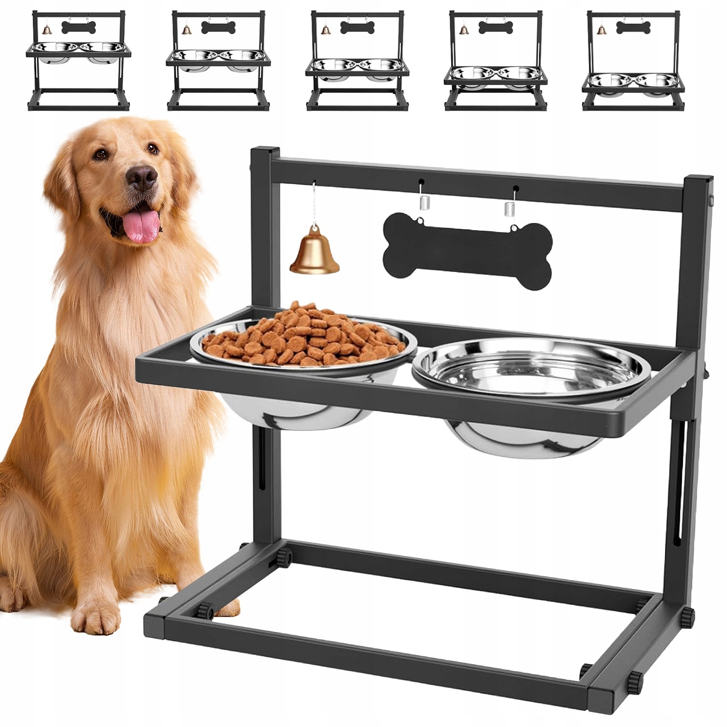 Levně Stojan Pro Psa 2 Misky Ocel Nerezová Regulace Výška Zvonek ID Vyjímatelné 1.15 L