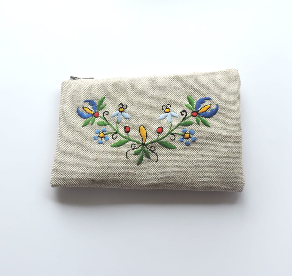 Plochá Folková Kosmetická Taška S Výšivkou Kašubské Květiny Lněná Handmade
