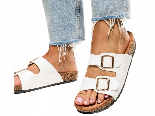 BIAŁE KLAPKI DAMSKIE NA PROFILOWANEJ KORKOWEJ PODESZWIE PŁASKIE r 38